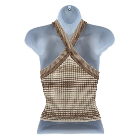 Sincerely Jules Halter Knit Crop Top WMNS M Beige Tan Brown Ribbed Check Pattern - Picture 4 of 7